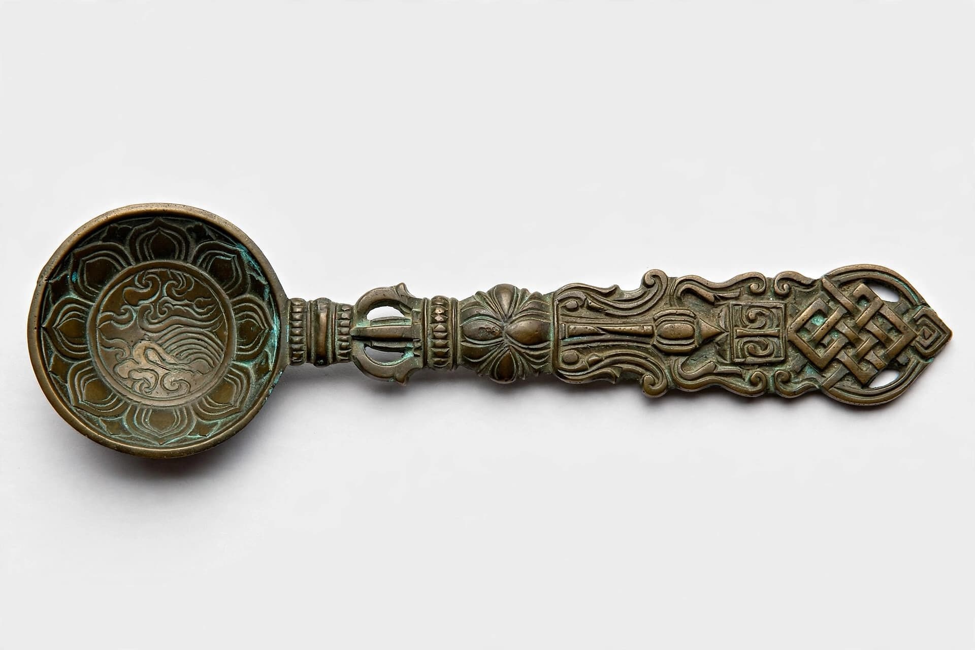 Tibetan Bronze Ritual Spoon with Knotwork Handle — Primary view